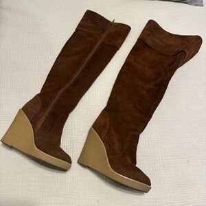 ⭐️ Kelsi Dagger Etna tall zipper brown suede boots size 6 wedge heels EUC